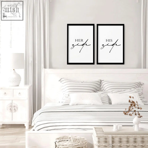 Black-framed minimalist wall art prints set with her side and his side cursive text perfect 1st wedding anniversary gift