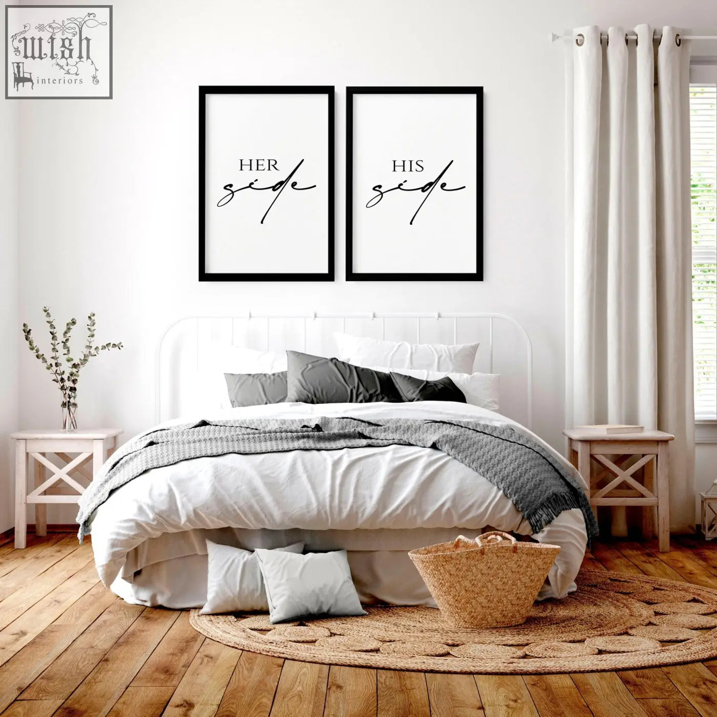 Black-framed wall art prints with minimalist cursive text her side and his side perfect 1st wedding anniversary gift