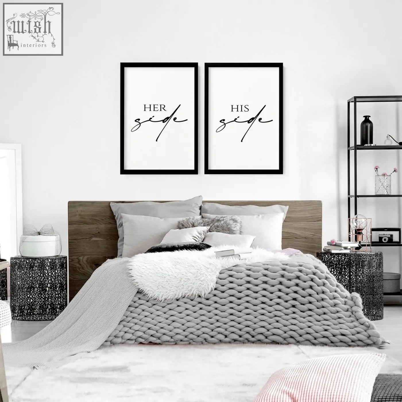 Gray knitted throw blanket with chunky texture paired with 1st wedding anniversary wall art prints set of 2