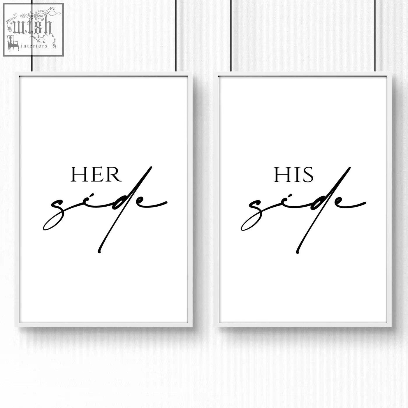 Pair of minimalist white framed wall art prints with black cursive script her side and his side perfect anniversary gift
