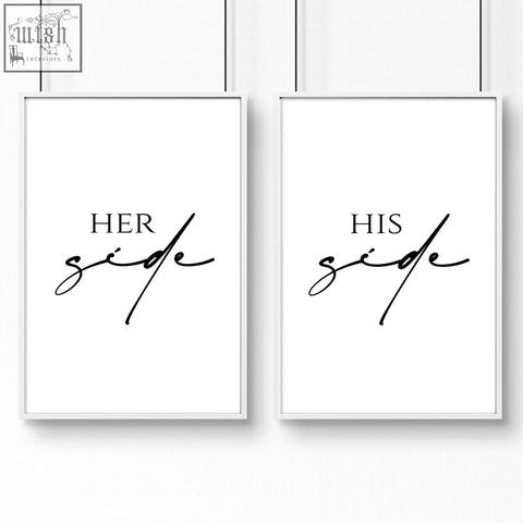 Pair of minimalist white framed wall art prints with black cursive script her side and his side perfect anniversary gift
