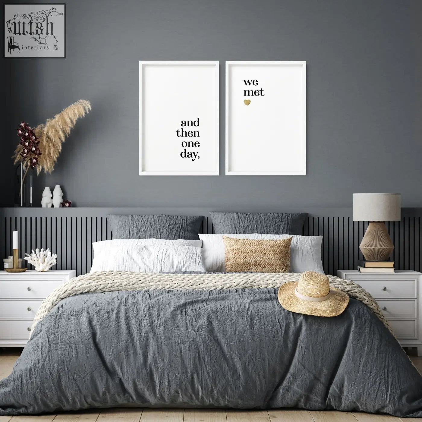 Straw hat with light beige band resting on gray bedspread in 1st year anniversary wall art gift set for bedroom