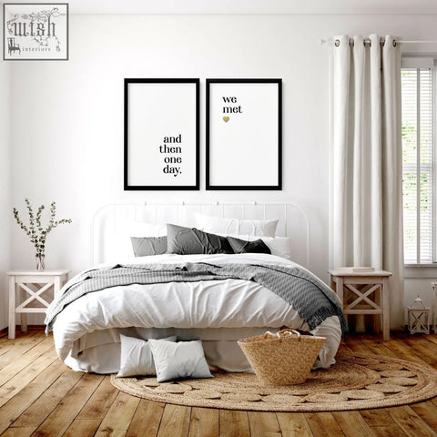 White metal bed frame with curved headboard and footboard shown with 1st year anniversary wall art prints for bedroom