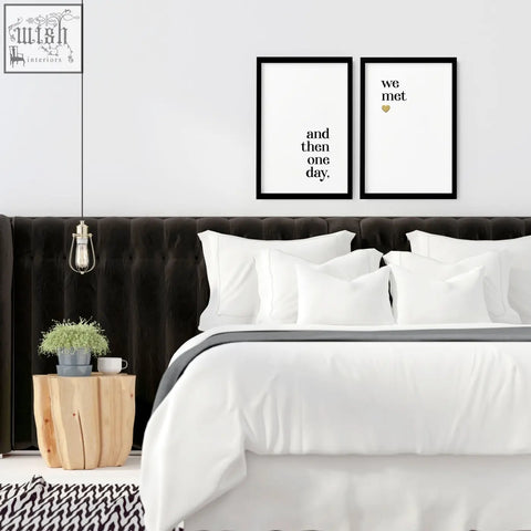 Black framed minimalist wall art with white background and black text and a gold heart perfect 1st year anniversary gift