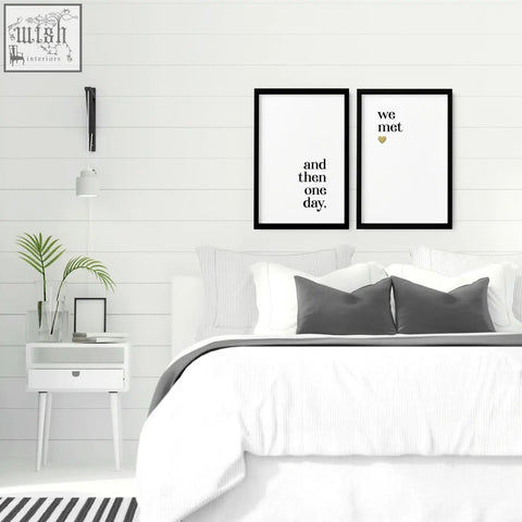 Black-framed minimalist wall art prints with black text and gold heart perfect as 1st year anniversary gift for bedroom