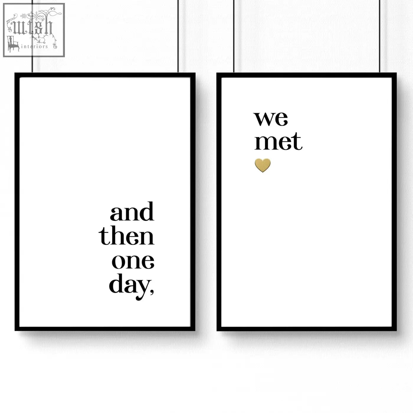 Two minimalist black-framed wall art prints with white backgrounds and gold heart perfect for 1st year anniversary gift