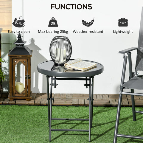 Outsunny \'ce\'a645cm Garden Side Table, Outdoor Round Folding Patio Table with Imitation Marble Glass Top, Small Coffee Table, Black