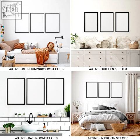 Set of three a3-sized black-framed blank art prints perfect for a 2-bedroom flat wall art bundle ready to hang