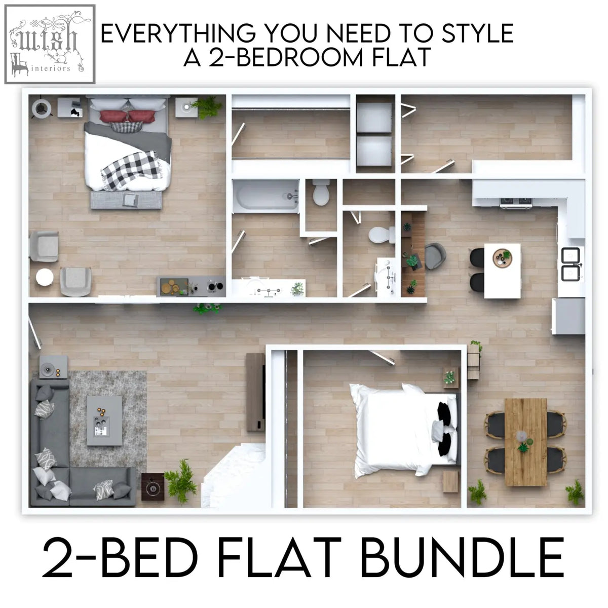 Modern 2-bedroom flat wall art bundle with minimalist design light wood flooring and neutral-toned furniture decor