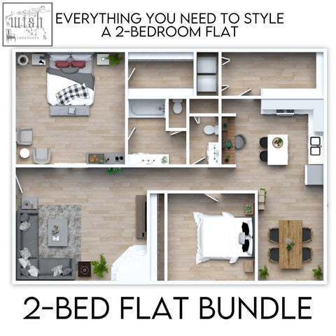 Modern 2-bedroom flat wall art bundle with minimalist design light wood flooring and neutral-toned furniture decor