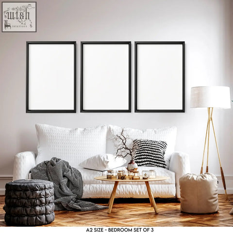 Set of three black-framed a2-sized blank picture frames in a 2-bedroom flat wall art bundle ready to hang decor