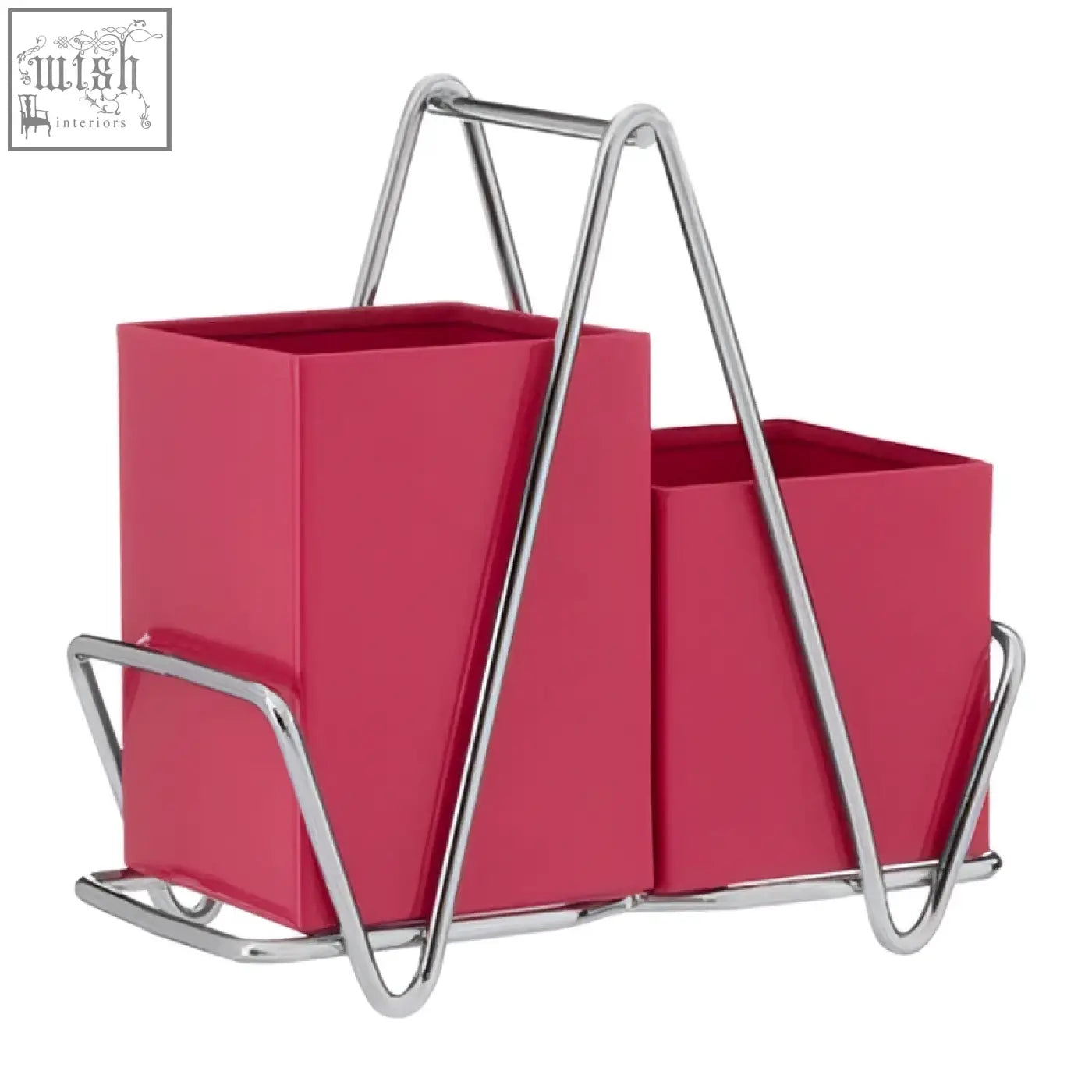A sleek hot pink cutlery caddy with two vibrant compartments held by a shiny chrome metal frame