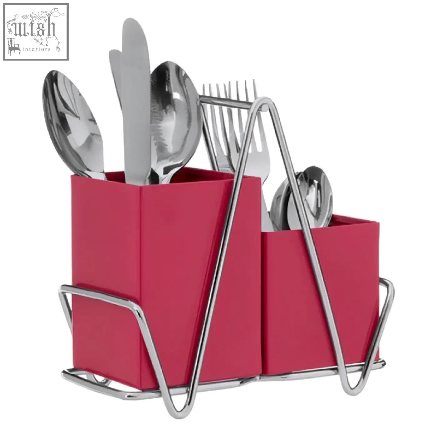 Red rectangular hot pink cutlery caddy with chrome metal frame holding silverware for kitchen organization