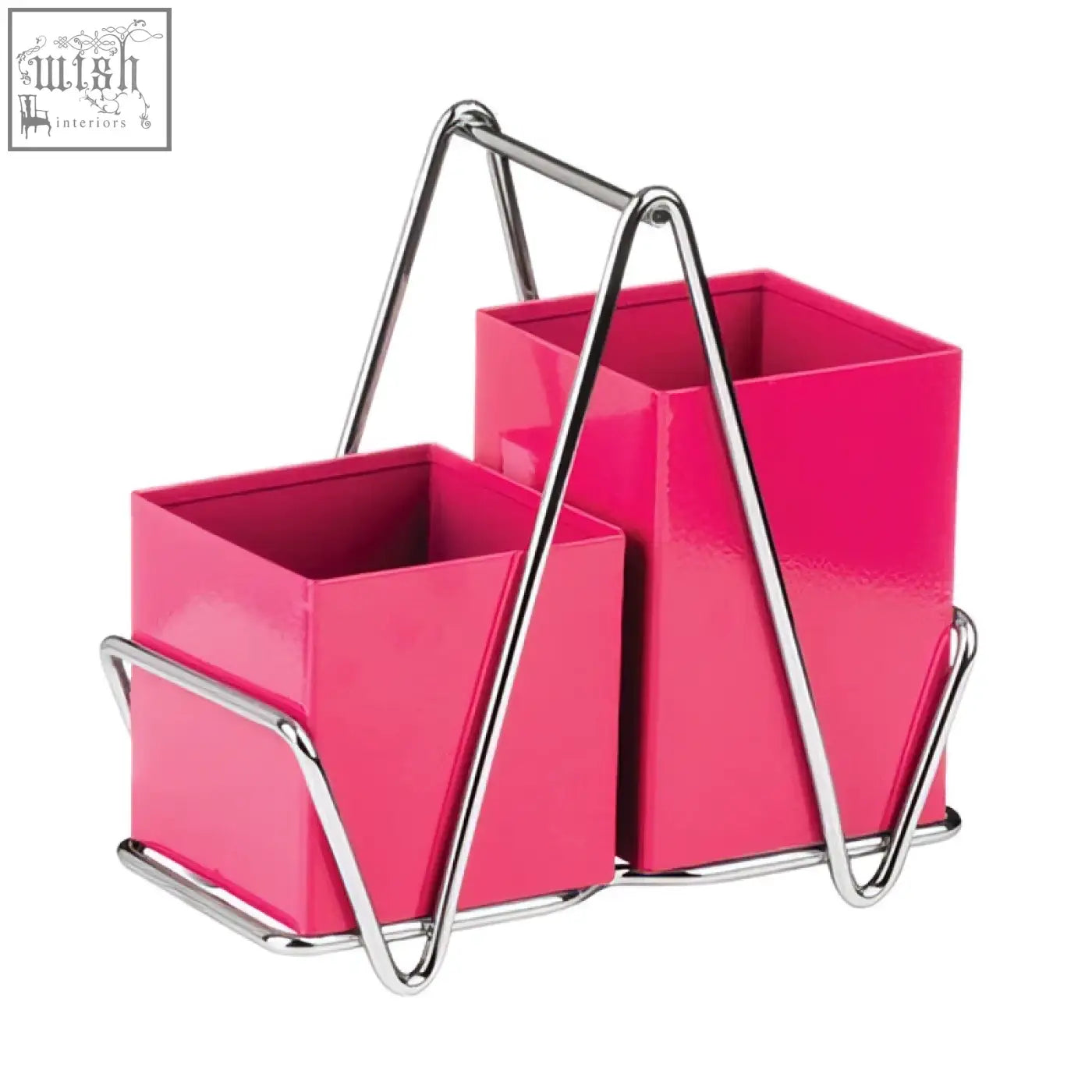 Bright pink glossy rectangular containers in a chrome frame for a 2 compartment hot pink cutlery caddy organizer