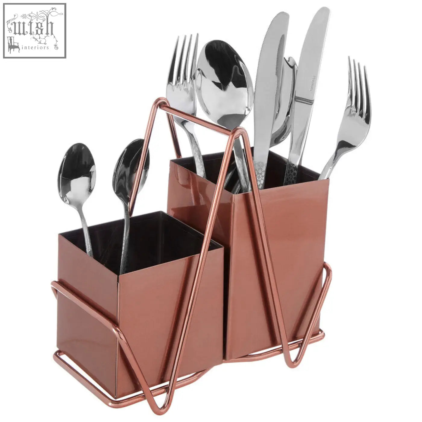 Rose gold cutlery caddy with two square compartments holding silverware in a sleek metal utensil holder