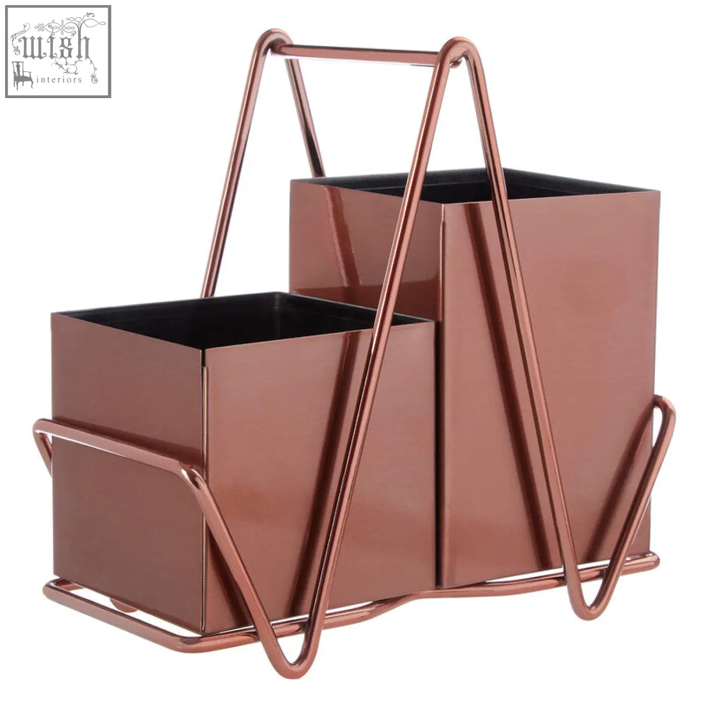 Rose gold cutlery caddy with two rectangular compartments and a handle in a copper-toned metal finish