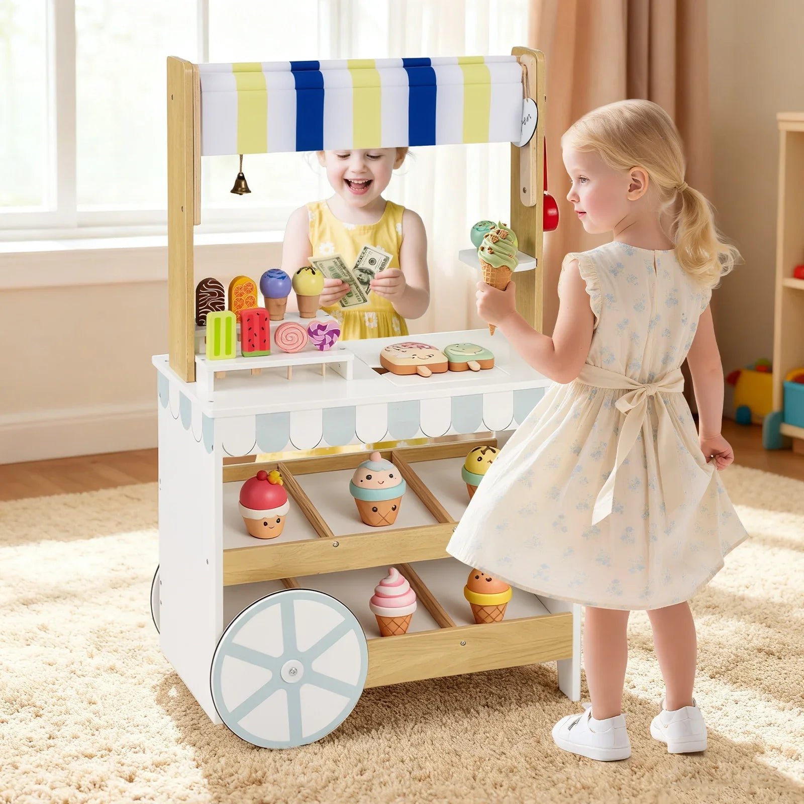 2-in-1 Wooden Ice Cream Cart with Display Shelves for Kids 3+ Years Old-White