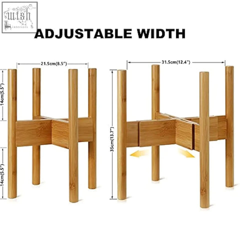 Adjustable-width bamboo plant stand with natural wood finish and interlocking slat design flower pot holder