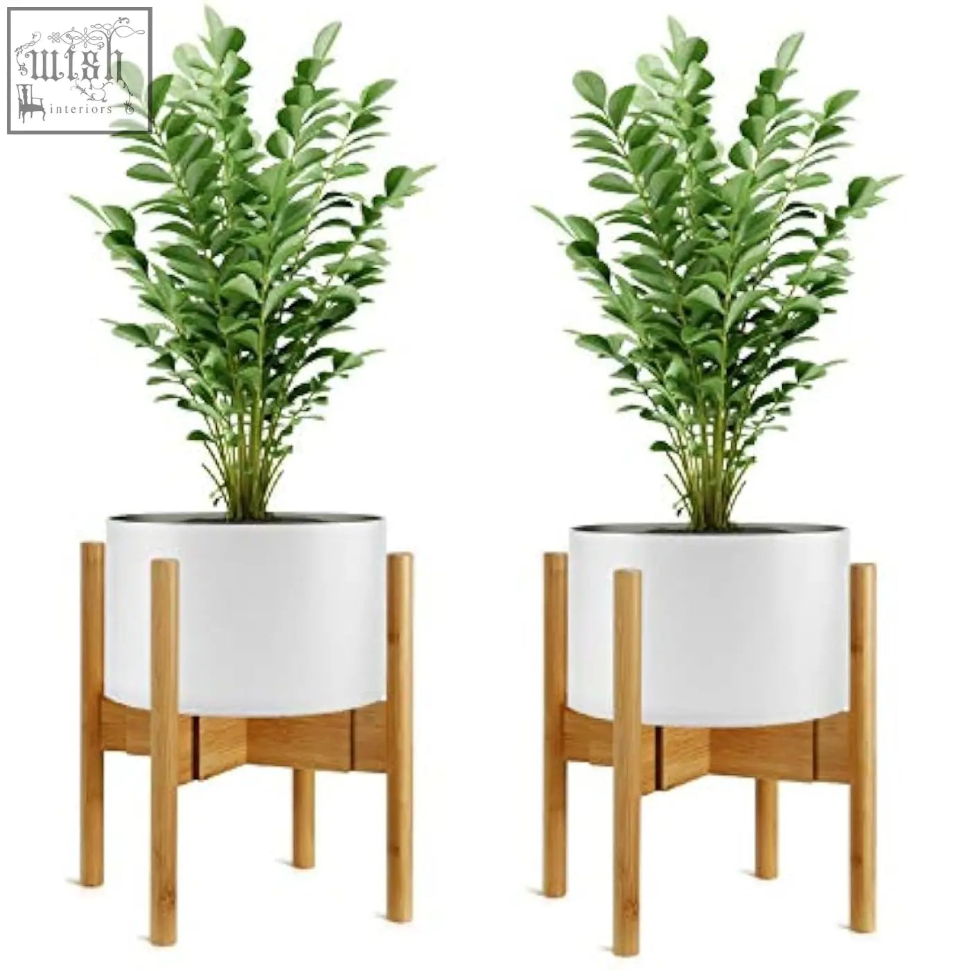 White ceramic flower pot holder with bamboo adjustable plant stand holding lush green leafy indoor plants