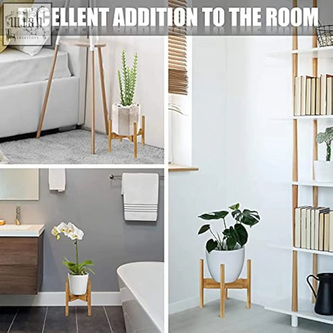 Light wood finished bamboo plant stand with minimalist design and four legs holding a circular flower pot holder