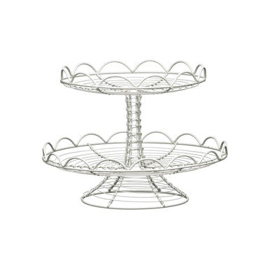 Silver tier cream wire 2 tier cake stand with scalloped edges and twisted central column for wire cup cake display