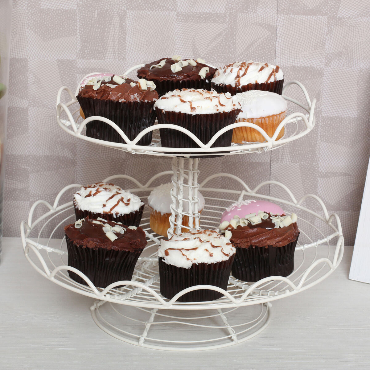 2 tier cream wire cup cake stand with white wire and decorative scalloped edges for stylish dessert display