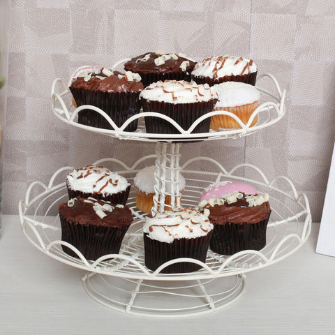 2 tier cream wire cup cake stand with white wire and decorative scalloped edges for stylish dessert display
