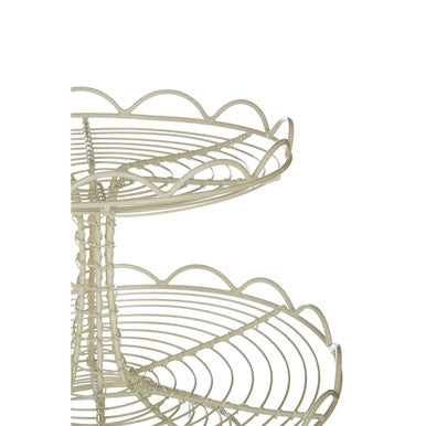 White tier cream wire cup cake stand with scalloped edges and two tiers for displaying cupcakes or desserts