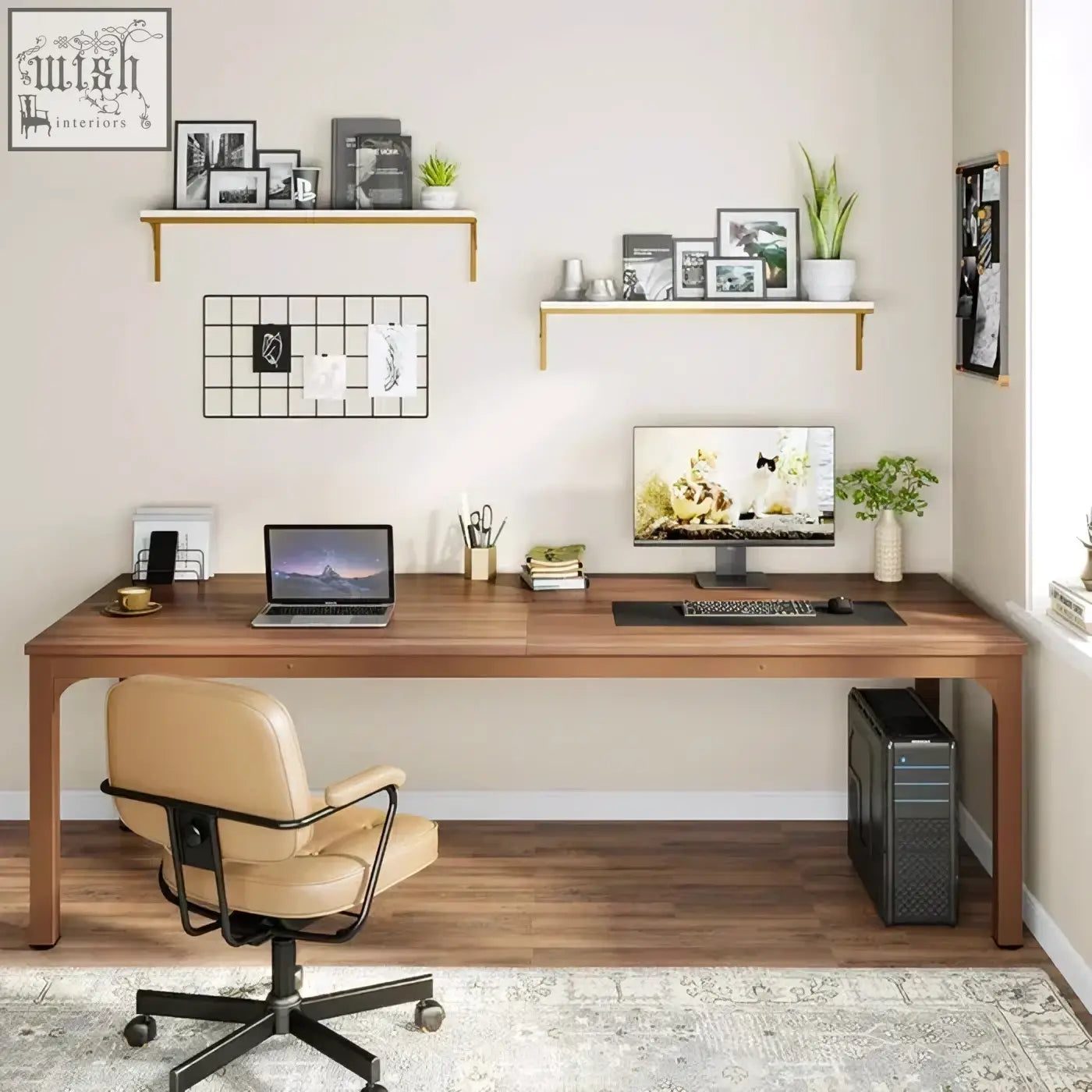 Wooden extra long desk with sleek minimalist design and warm brown walnut finish for home office use