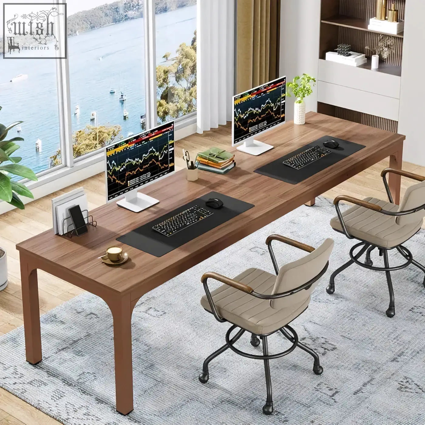 Long desk with two monitors and ergonomic chairs in a 200cm modern extra long walnut home office workstation