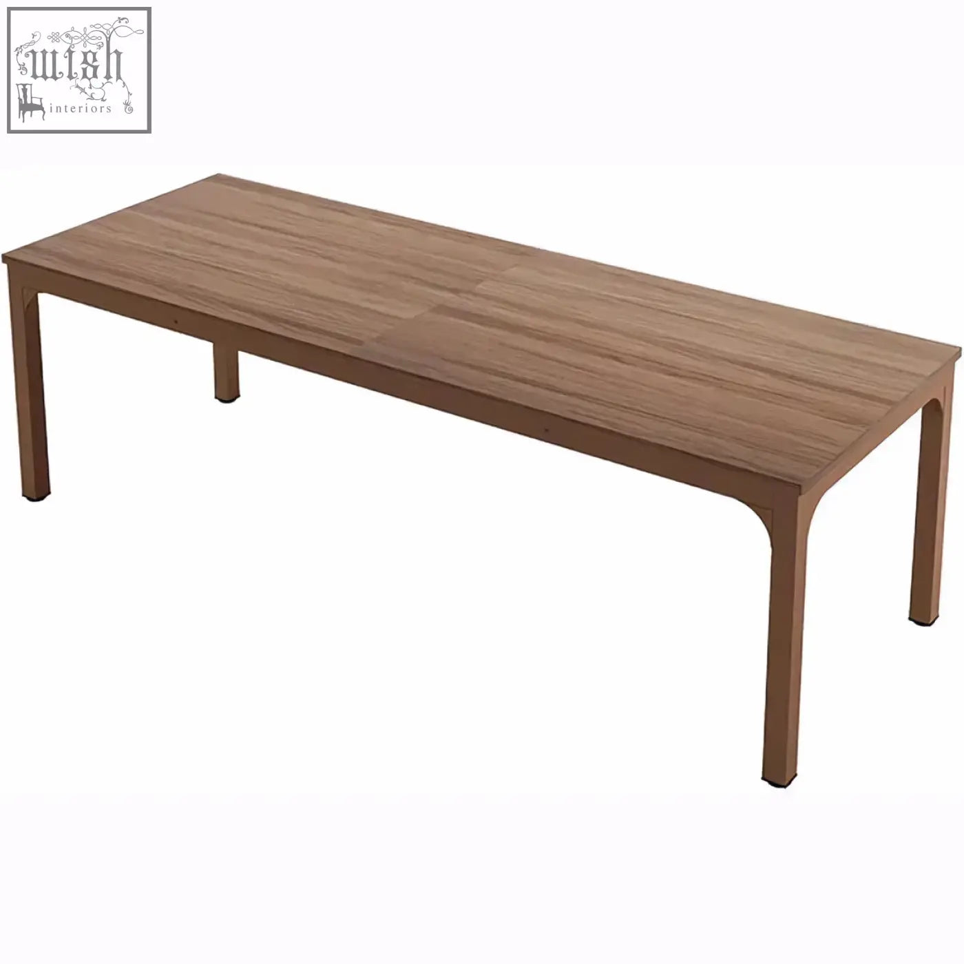 Modern extra long desk with warm brown wood-grain surface and sleek curved metal legs for home office use