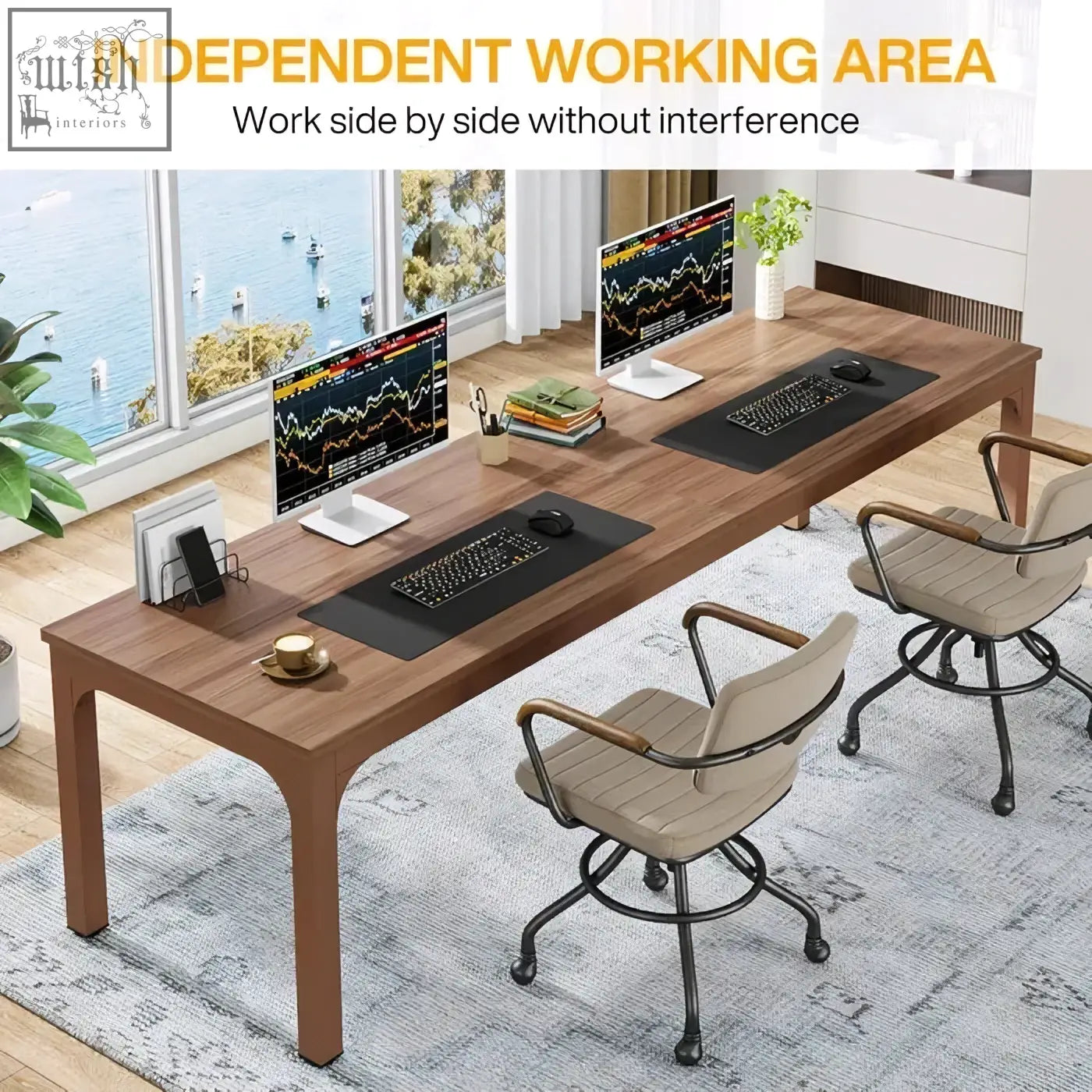200cm modern extra long walnut desk with two separate work areas featuring monitors and keyboards for home office use