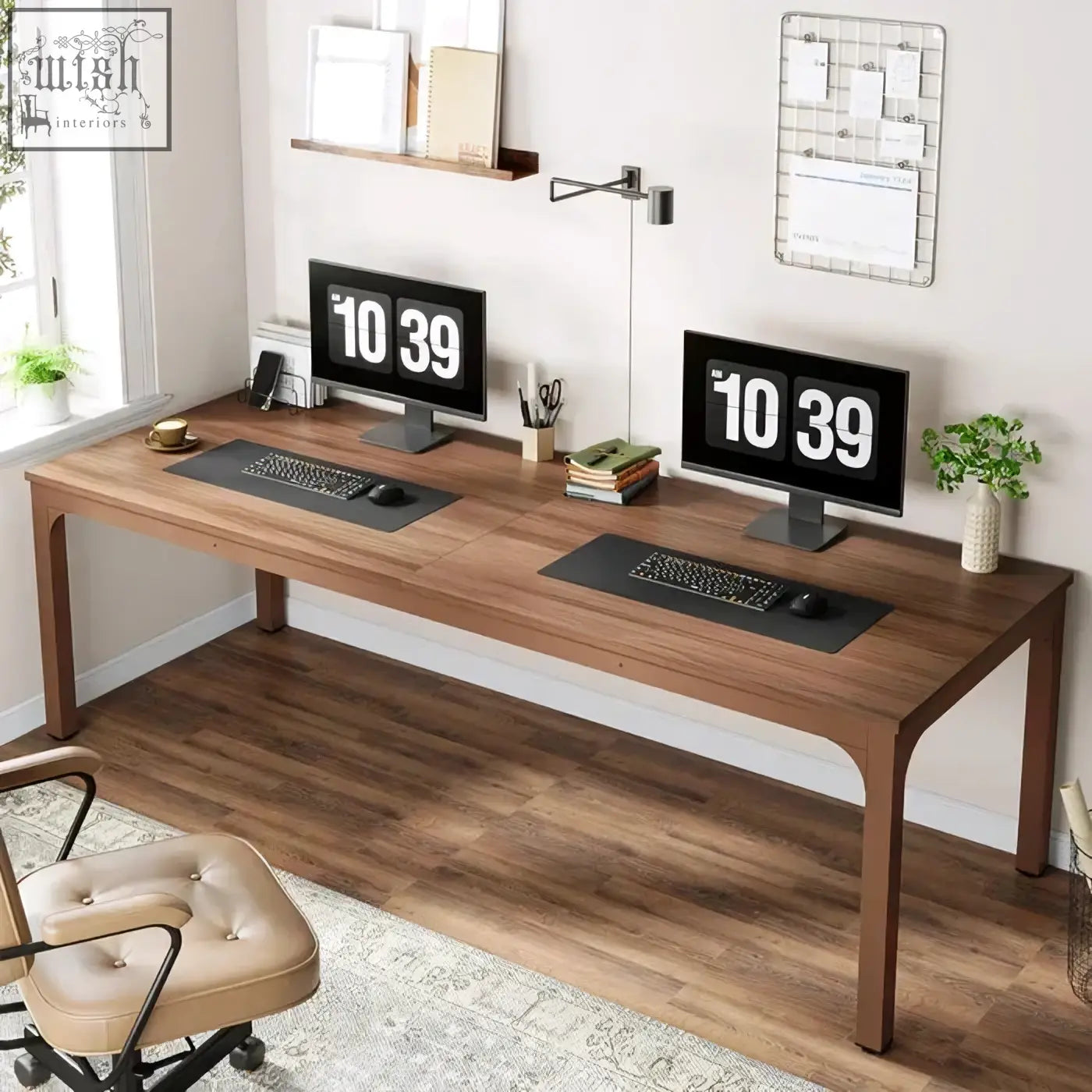 Long walnut extra long desk with two monitors keyboards and mice perfect for large home office workstation
