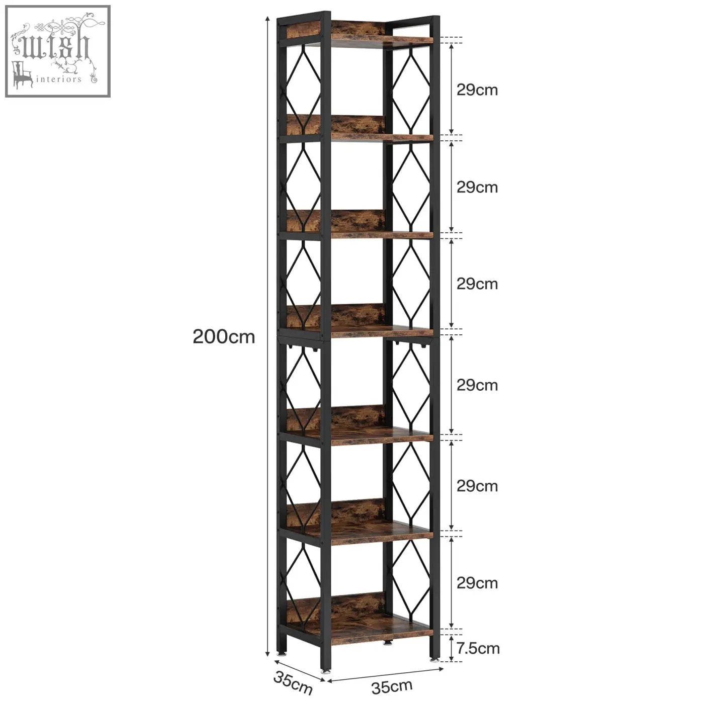 Tall black metal and rustic wood industrial bookshelf with six diamond-patterned shelves for stylish display