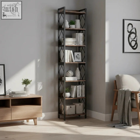200cm slim 7-tier industrial bookshelf with black metal frame and rustic wood shelves perfect for living rooms