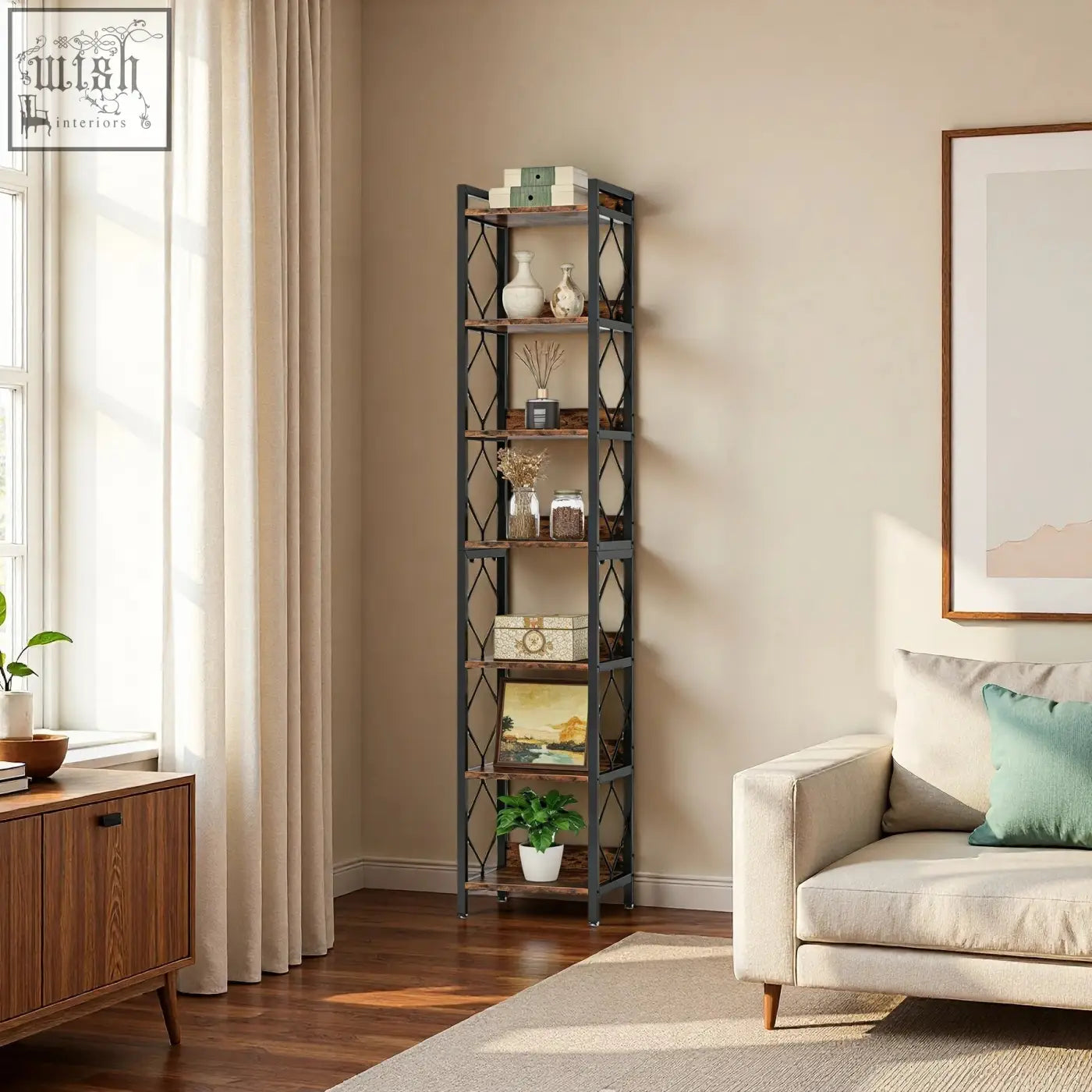 200cm slim 7-tier industrial bookshelf with black metal diamond frame and rustic wood shelves displaying decor