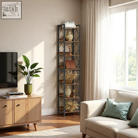 Dark gray industrial bookshelf with black metal diamond lattice and rustic wood shelves perfect for living rooms