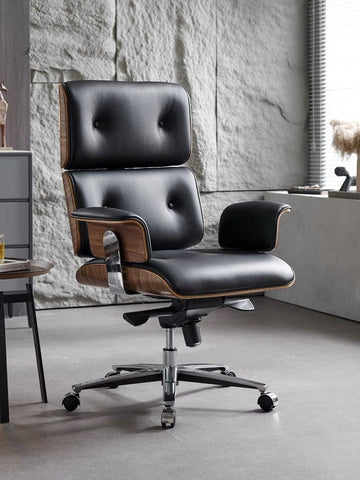 Modern E69 High Back Office Chair Black Premium Leather/ Walnut