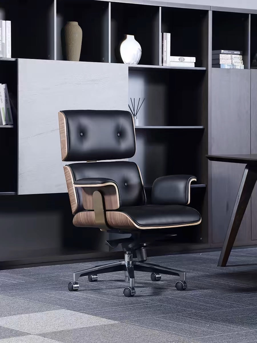 Modern E69 High Back Office Chair Black Premium Leather/ Walnut