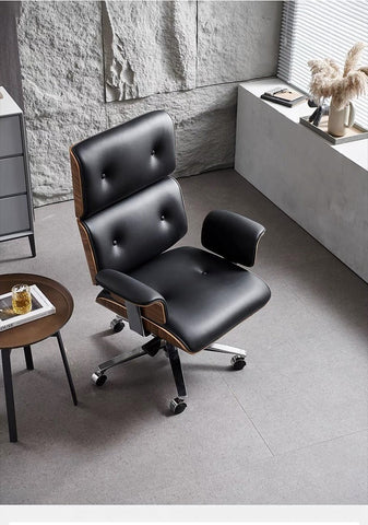 Modern E69 High Back Office Chair, Black Premium Leather/ Walnut