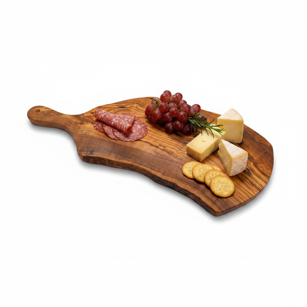 Handmade Olive Wood Live Edge Paddle Board with Handle | Rustic Freeform Charcuterie & Fruit Serving Board | Natural Grain | 30–40 cm