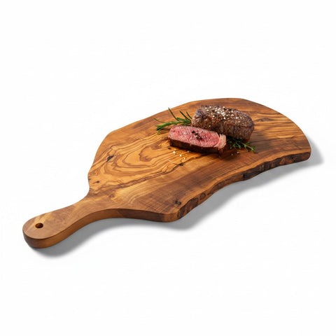 Handmade Olive Wood Live Edge Paddle Board with Handle | Rustic Freeform Charcuterie & Fruit Serving Board | Natural Grain | 30–40 cm