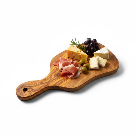 Olive Wood Small Charcuterie Board Wooden Serving Handmade Olive Wood Freeform Paddle Serving Board with Handle | Burl Knot Grain Fruit Cheese & Charcuterie Board | Unique Shape | 33–45 cmW/ Handle | Various Sizes