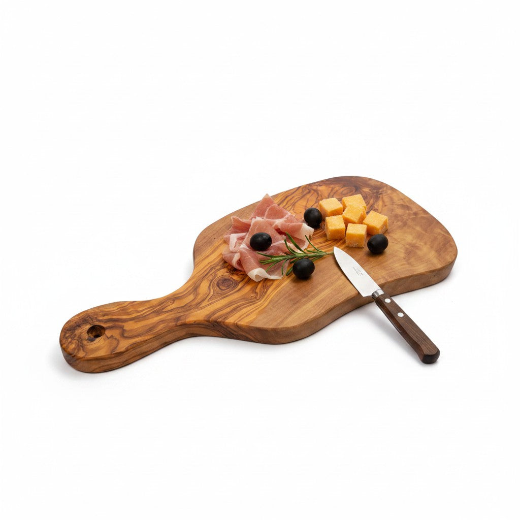 Olive Wood Small Charcuterie Board Wooden Serving Handmade Olive Wood Freeform Paddle Serving Board with Handle | Burl Knot Grain Fruit Cheese & Charcuterie Board | Unique Shape | 33–45 cmW/ Handle | Various Sizes