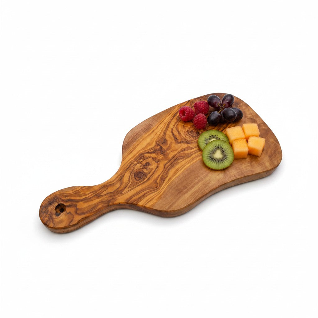 Olive Wood Small Charcuterie Board Wooden Serving Handmade Olive Wood Freeform Paddle Serving Board with Handle | Burl Knot Grain Fruit Cheese & Charcuterie Board | Unique Shape | 33–45 cmW/ Handle | Various Sizes