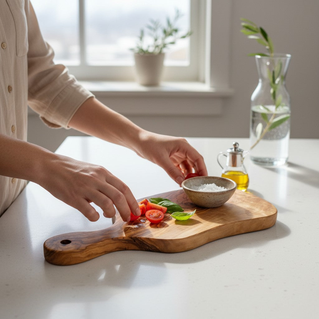 Olive Wood Small Charcuterie Board Wooden Serving Handmade Olive Wood Freeform Paddle Serving Board with Handle | Burl Knot Grain Fruit Cheese & Charcuterie Board | Unique Shape | 33–45 cmW/ Handle | Various Sizes