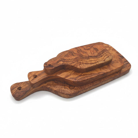 Handmade Olive Wood Rectangular Paddle Board with Handle & Hanging Hole | Live Edge Fruit Cheese & Serving Board | Unique Burl Grain | 33–45 cm