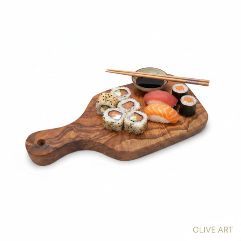 Handmade Olive Wood Rectangular Paddle Board with Handle & Hanging Hole | Live Edge Fruit Cheese & Serving Board | Unique Burl Grain | 33–45 cm