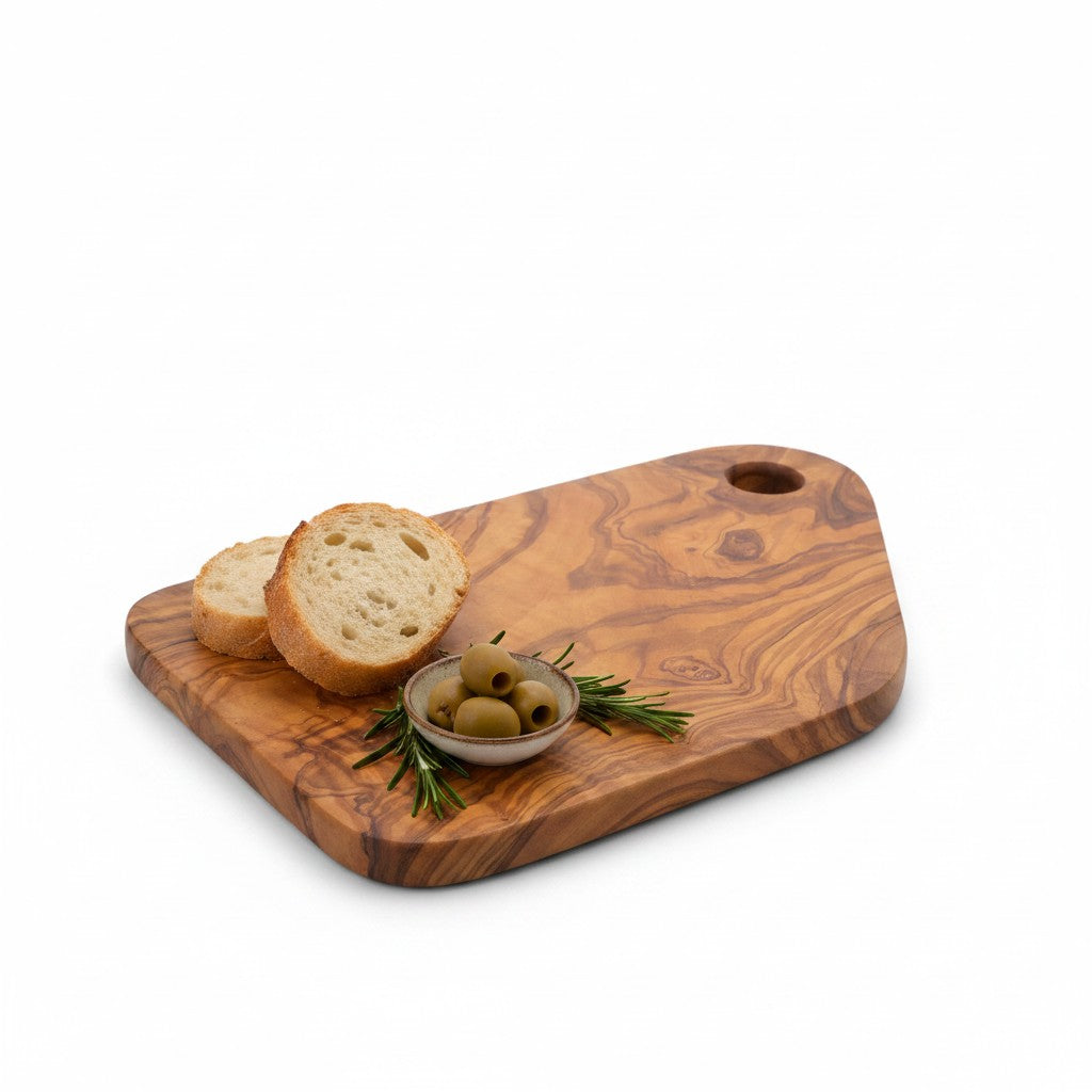 Handmade Olive Wood Cutting Board with Handle & Hanging Hole | Rustic Bread Cheese & Serving Board | Beautiful Natural Grain | 28 cm