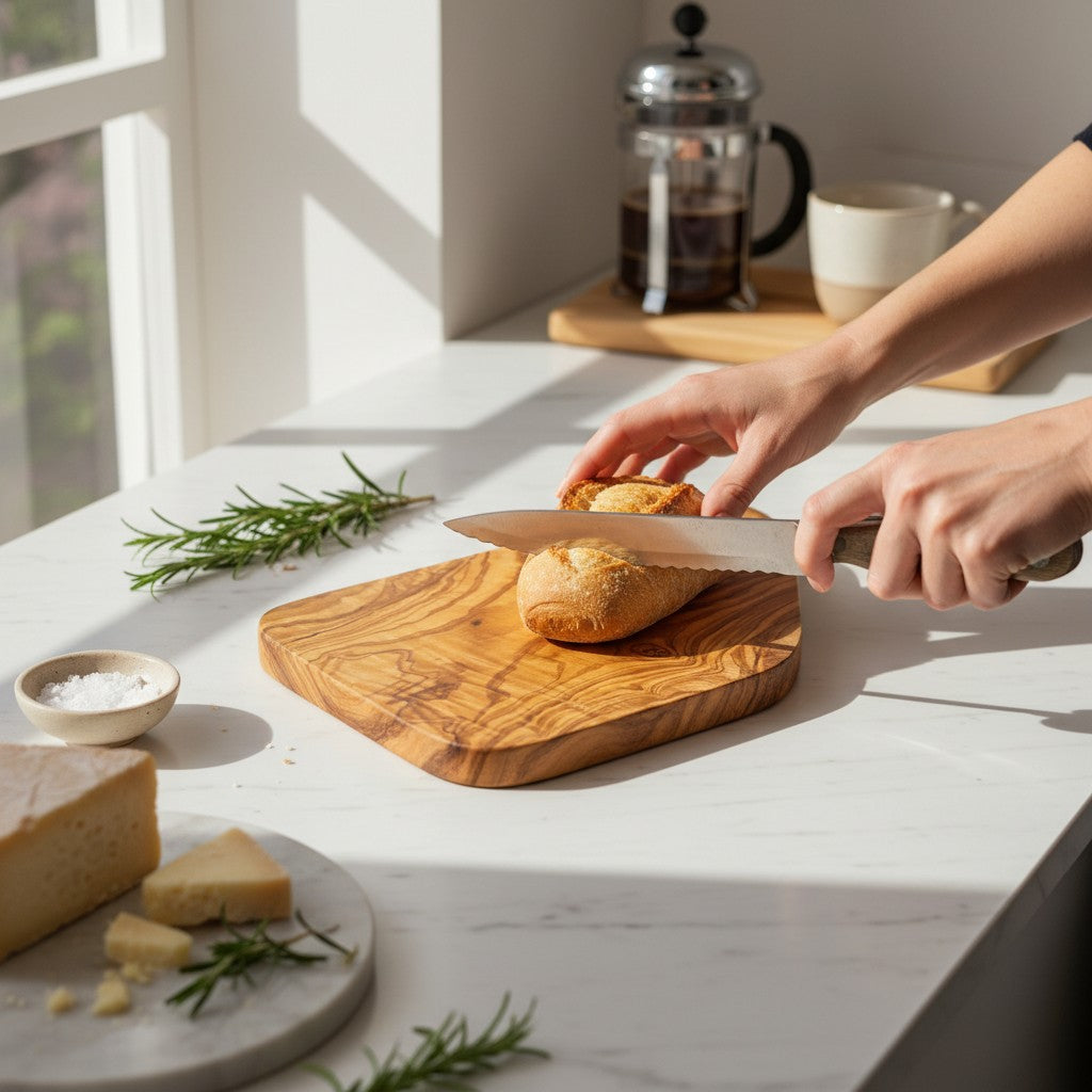 Handmade Olive Wood Cutting Board with Handle & Hanging Hole | Rustic Bread Cheese & Serving Board | Beautiful Natural Grain | 28 cm